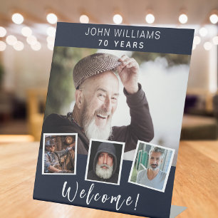 Photo collage blue white birthday party welcome pedestal sign