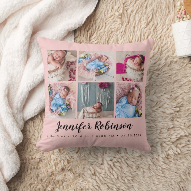 Photo Collage Blush Rose Monogrammed Birth Stat Cushion (Blanket)