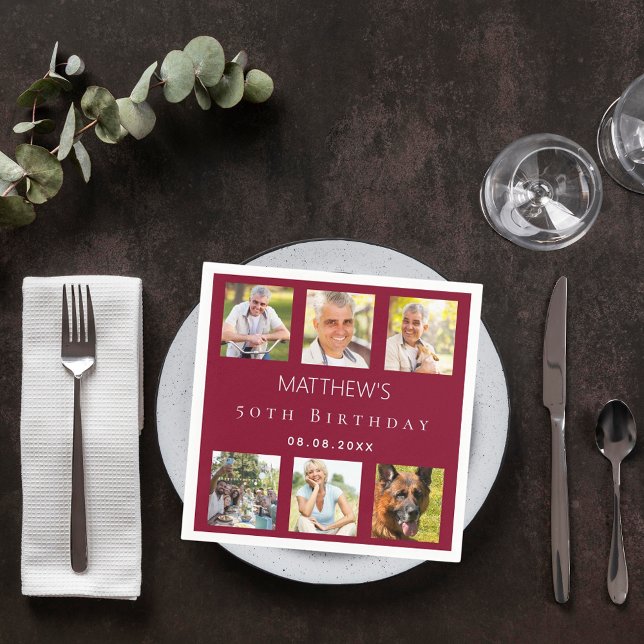 Photo collage burgundy birthday party napkin (Creator Uploaded)