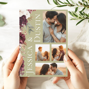 Photo Collage Burgundy Floral Sage Green Wedding Invitation