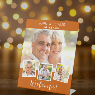 Photo collage burnt orange birthday party welcome pedestal sign