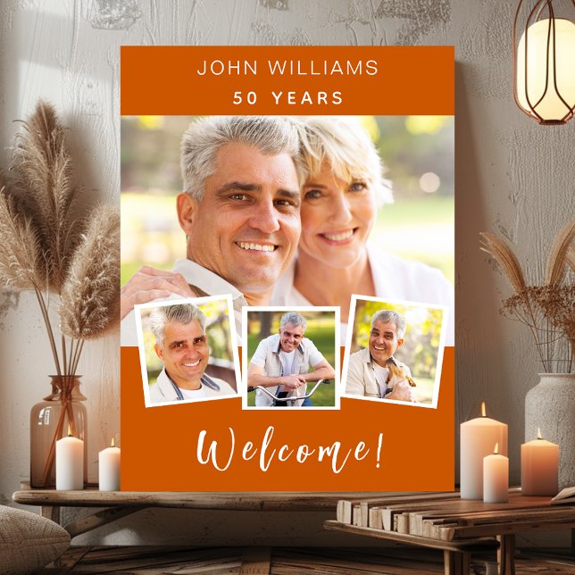 Photo collage burnt orange birthday party welcome poster (Creator Uploaded)