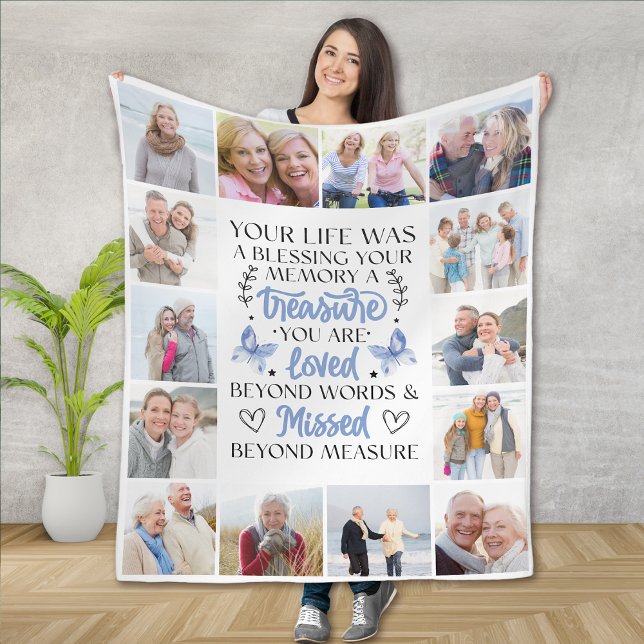 Photo Collage Butterfly Memorial Quote Fleece Blanket (Creator Uploaded)