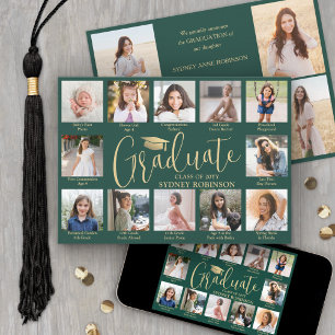 Photo Collage & Captions Green & Gold Graduation Announcement