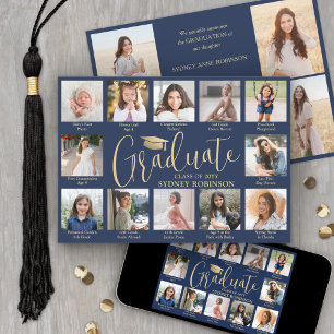 Photo Collage & Captions Navy Blue Gold Graduation Announcement