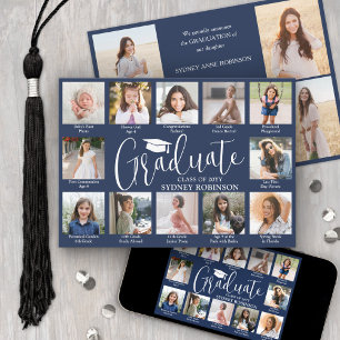 Photo Collage & Captions Navy Blue Graduation Announcement