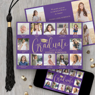 Photo Collage & Captions Purple & Gold Graduation Announcement
