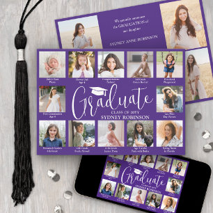 Photo Collage & Captions Purple & White Graduation Announcement