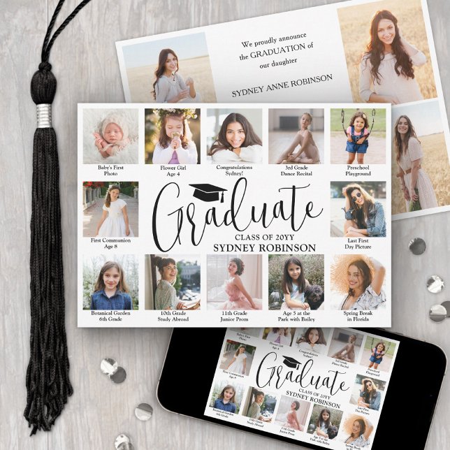 Photo Collage & Captions Trendy Script Graduation Announcement (Creator Uploaded)