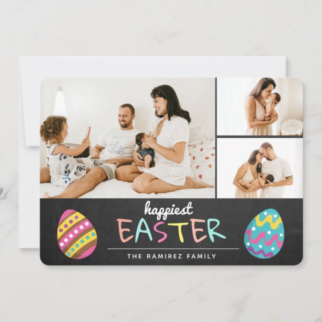 Photo Collage Chalkboard Pastel Happiest Easter  Holiday Card (Front)