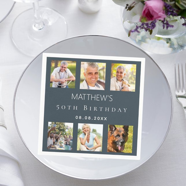 Photo collage charcoal grey birthday party napkin (Creator Uploaded)