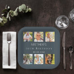 Photo collage charcoal grey birthday party paper plate<br><div class="desc">For a 50th (or any age) birthday,  celebrating his/her life with a collage of 6 of your high quality photos of her,  her friends,  family,  interest or pets.  Personalise and add a name,  age,  date.    A stylish charcoal grey background,  white text.</div>