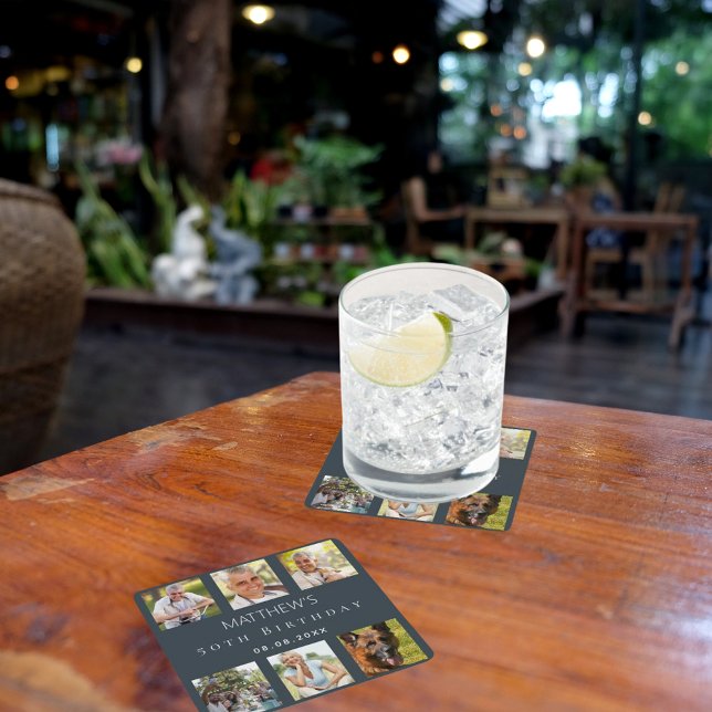 Photo collage charcoal grey birthday party square paper coaster (Creator Uploaded)