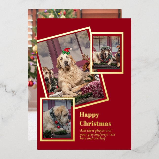 PHOTO Collage Christmas Card REAL GOLD FOIL (Front/Back)