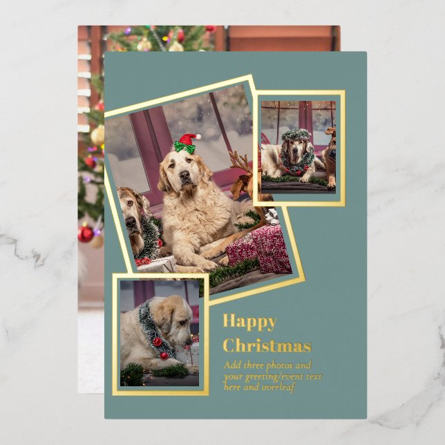 PHOTO Collage Christmas Card REAL GOLD FOIL (Front/Back)