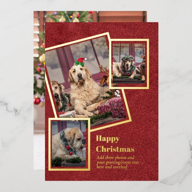 PHOTO Collage Christmas Card REAL GOLD FOIL (Front/Back)