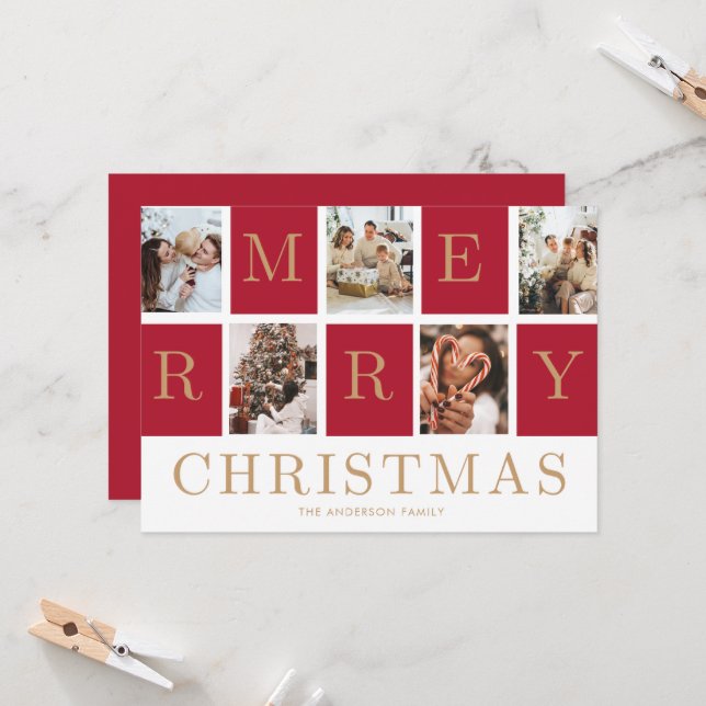 Photo Collage Christmas Family Gold Holiday Card (Front/Back In Situ)