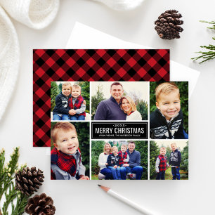 Photo Collage Christmas Red Buffalo Plaid Holiday Card