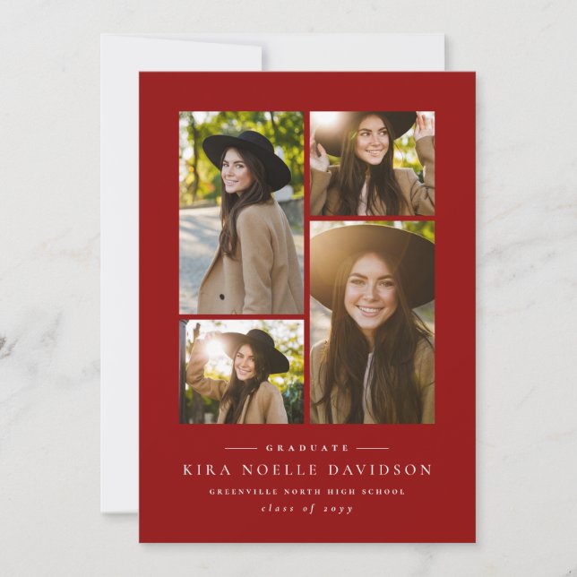 Photo collage classic red graduation announcement (Front)
