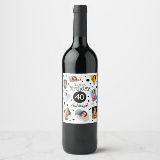 Photo Collage Confetti Name 40th Birthday Wine Label