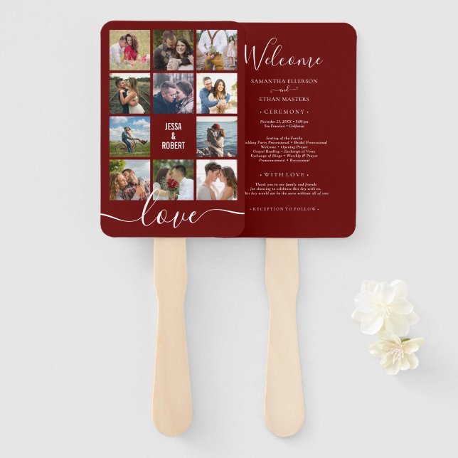 Photo Collage Cranberry Red Wedding Program Hand F Fan (Front and Back)