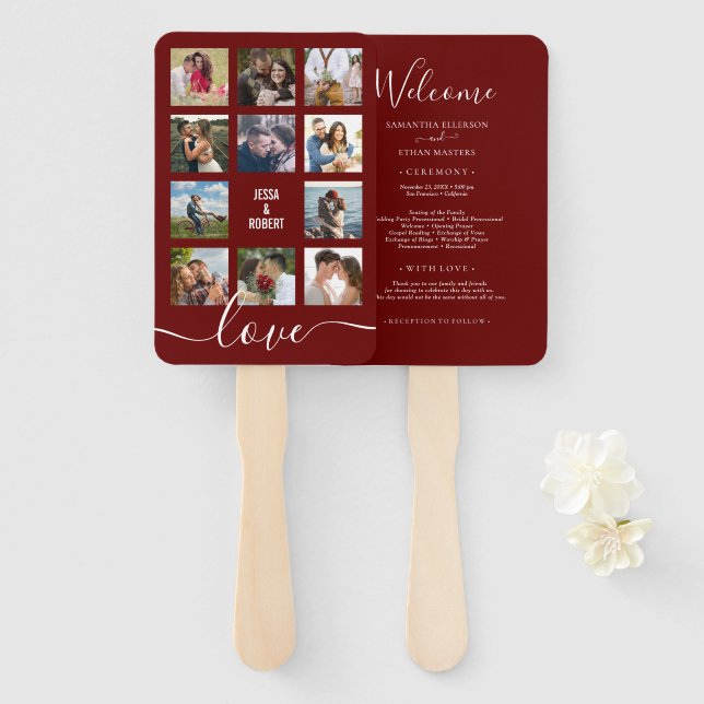Photo Collage Cranberry Red Wedding Program Hand F Hand Fan (Front and Back)