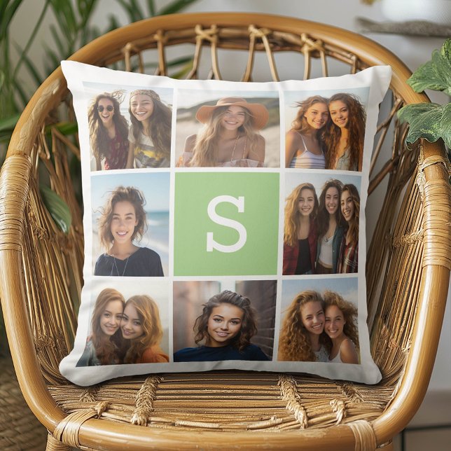 Photo Collage Custom Monogram - Lime Green Cushion (Custom Photo Pillow - Add Your Own Pics!)