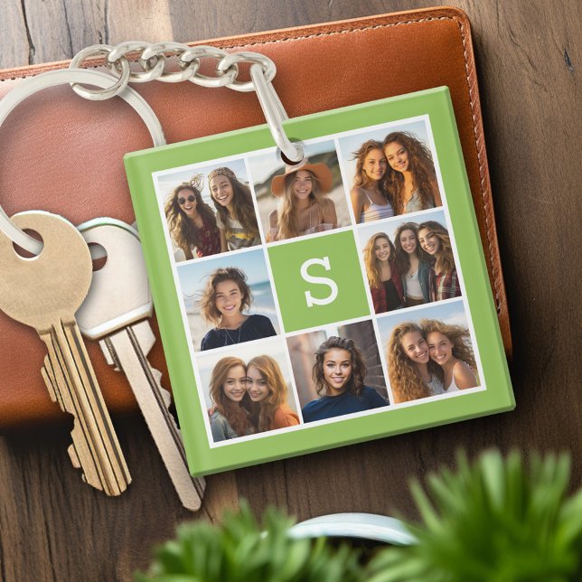 Photo Collage Custom Monogram - Lime Green Key Ring (Personalized keychain with photo collage and monogram)