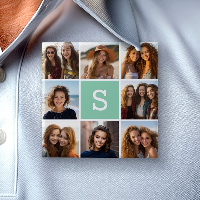 Photo Collage Custom Monogram Mint Green 15 Cm Square Badge (Custom Photo Button)