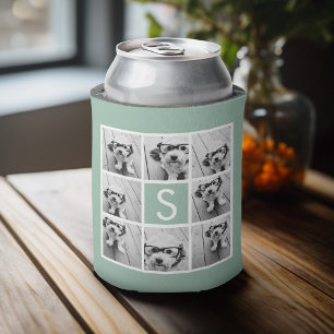 Photo Collage Custom Monogram Mint Green Can Cooler