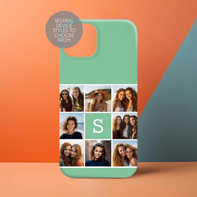 Photo Collage Custom Monogram Mint Green Case-Mate iPhone Case (Personalize a Phone Case with your photos and monogram)