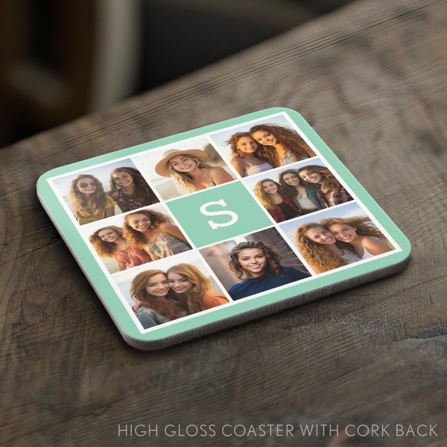 Photo Collage Custom Monogram Mint Green Coaster (Custom Photo Collage Coaster)