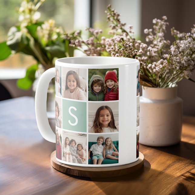 Photo Collage Custom Monogram Mint Green Coffee Mug (Mug template with 8 photos and a Monogram)
