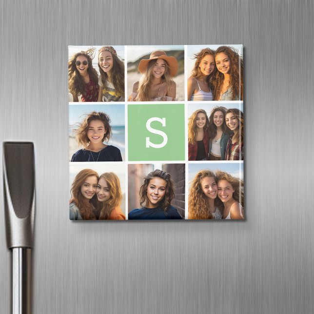 Photo Collage Custom Monogram Mint Green Magnet (Personalized fridge magnet with photos and custom text)
