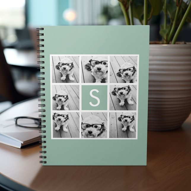 Photo Collage Custom Monogram Mint Green Spiral Notebook (Personalized notebook - add photos and your name or other text)
