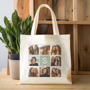 Photo Collage Custom Monogram Mint Green Tote Bag