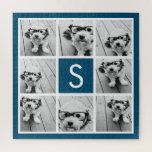 Photo Collage Custom Monogram Navy Blue Jigsaw Puzzle<br><div class="desc">You can use Instagram photos for this design. Use 8 square photos to create a unique and personal gift. Or you can keep the hipster puppy and make a trendy keepsake. If you need to adjust the pictures,  click on the customise tool to make changes.</div>
