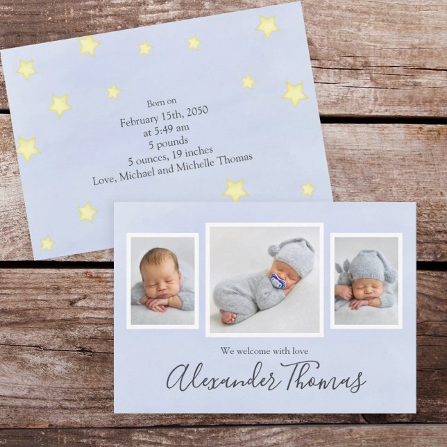Photo Collage Cute Simple Whimsical Stars Newborn Announcement (Creator Uploaded)
