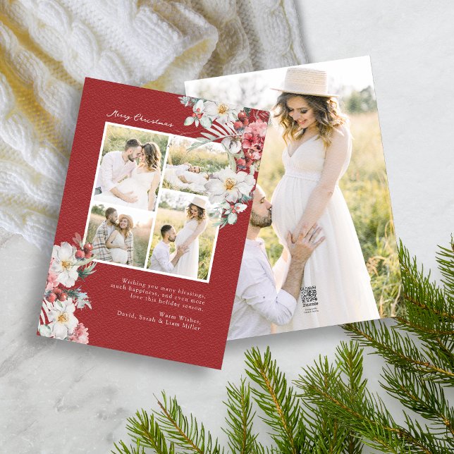 Photo Collage Elegant Christmas Holiday Card (Elegant Red Holiday Photo Collage Christmas Card Red Berries White Botanicals 5 photos)