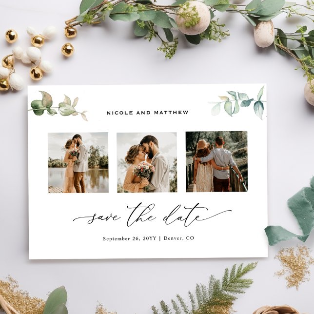 Photo Collage Elegant Greenery Wedding Save The Date (Creator Uploaded)