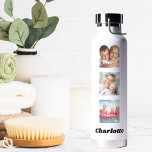 Photo collage family friends name white water bottle<br><div class="desc">A classic white background.  Personalise and add your own photos of family and friends.  Add your name,  black letters.</div>