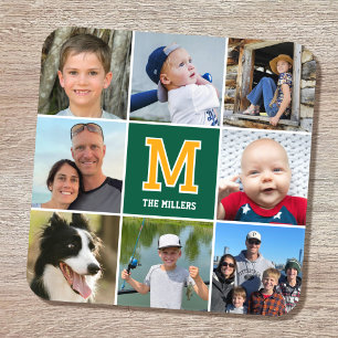 Photo Collage Family Monogram Green Yellow Coaster