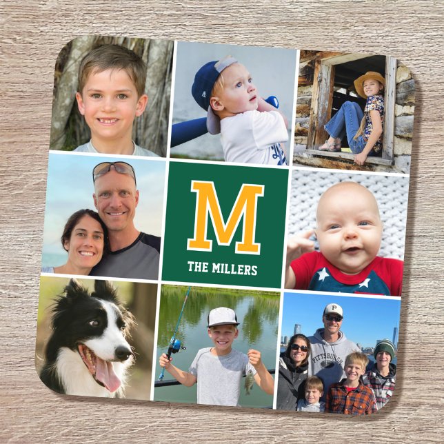 Photo Collage Family Monogram Green Yellow Coaster (Creator Uploaded)