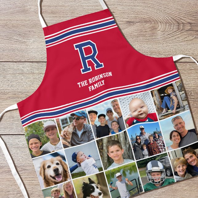 Photo Collage Family Monogram Navy Crimson Red Apron (Creator Uploaded)