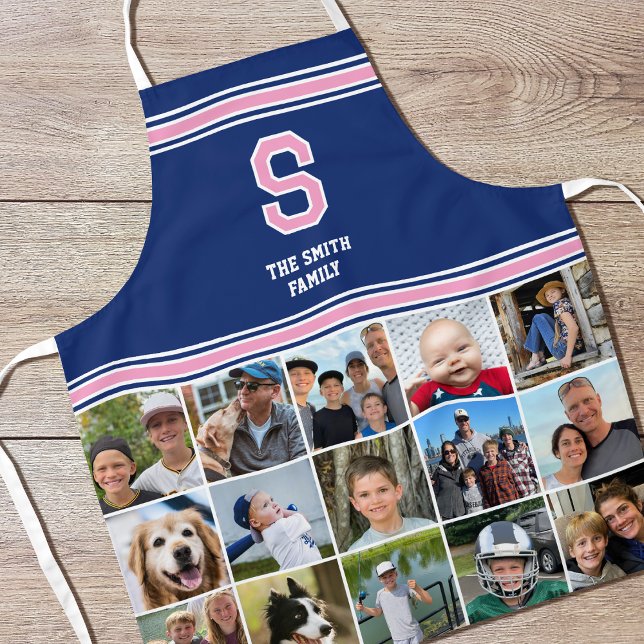 Photo Collage Family Monogram Navy Pink Apron (Creator Uploaded)