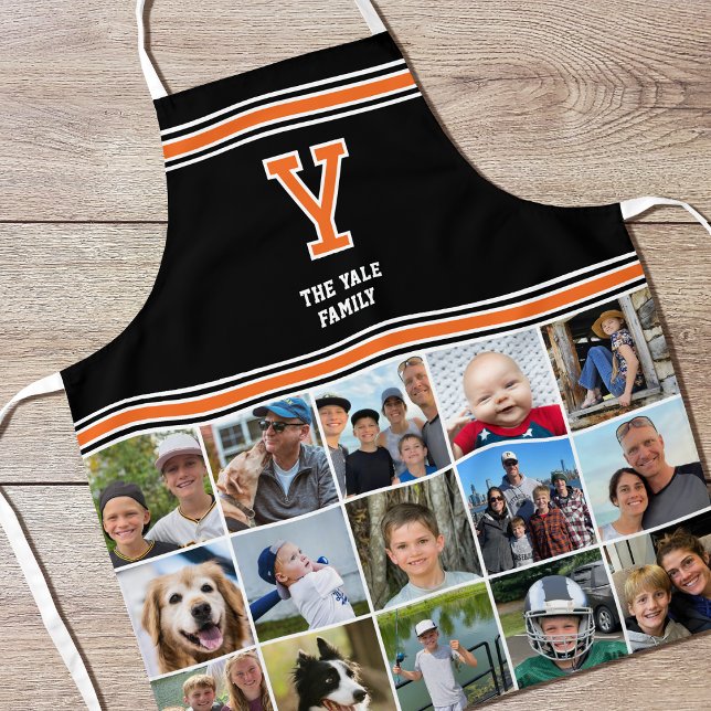 Photo Collage Family Monogram Orange Black Apron (Creator Uploaded)