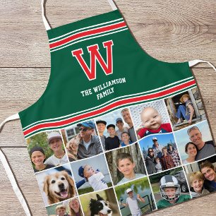 Photo Collage Family Monogram Red Green Apron