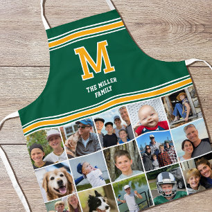Photo Collage Family Monogrammed Green Gold Apron