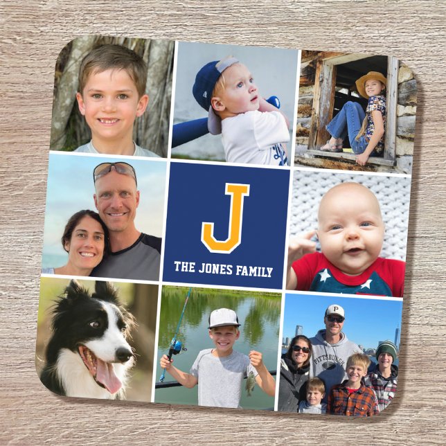 Photo Collage Family Monogrammed Navy Blue Yellow Coaster (Creator Uploaded)
