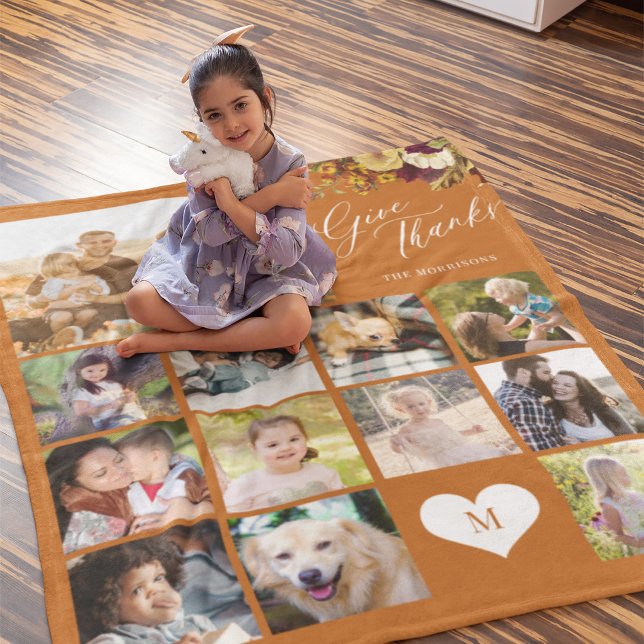 Photo collage family name give thanks Thanksgiving Fleece Blanket (Creator Uploaded)